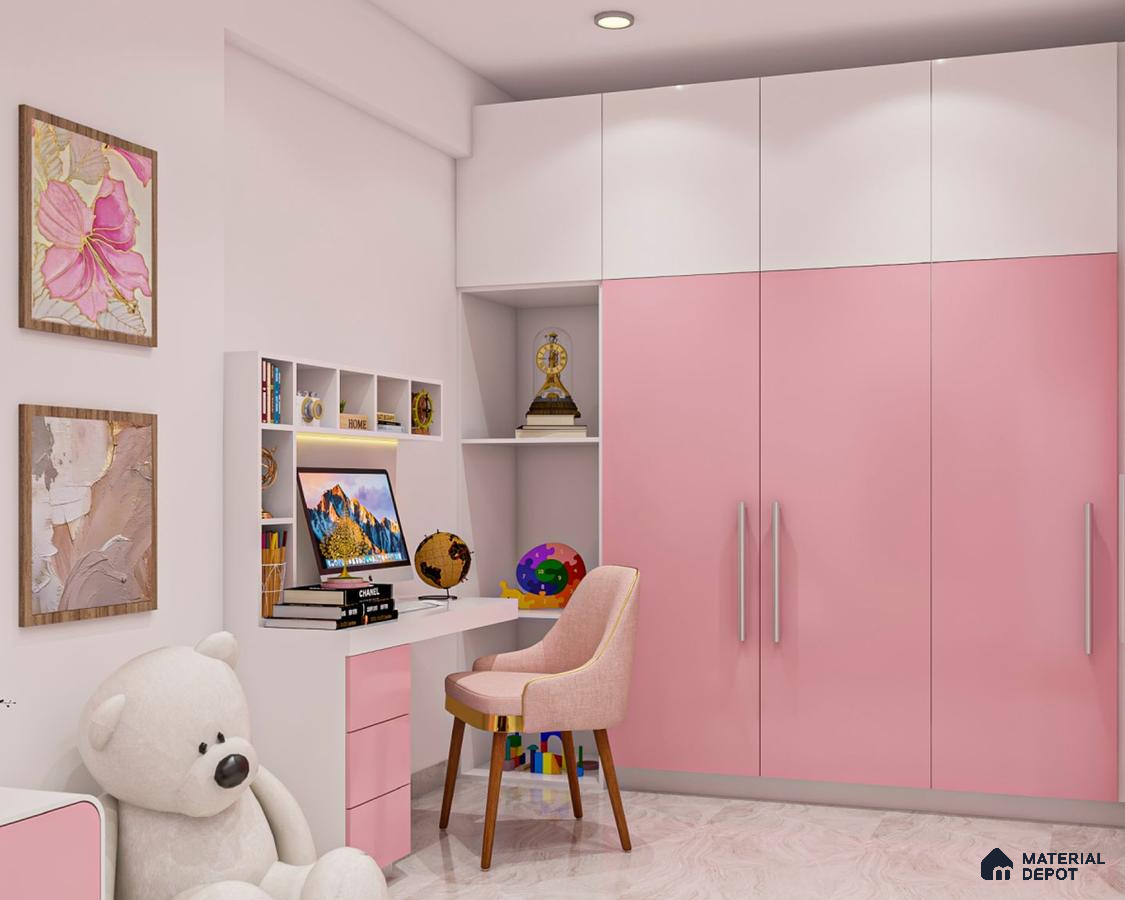 Pink Wardrobe with Integrated Study Table