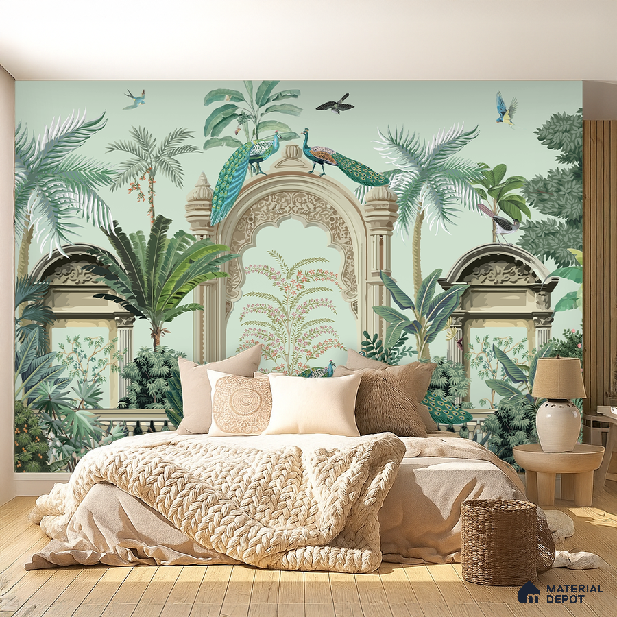 Bohemian bedroom with Indian tropical mural wallpaper and natural wood flooring in Bengaluru