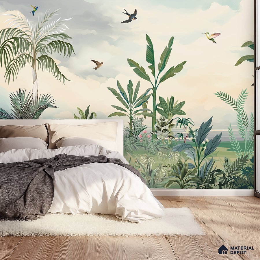 Bohemian bedroom with tropical wallpaper and light oak wooden flooring in Bengaluru