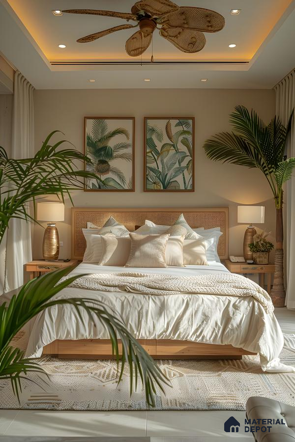 Bohemian Dream Bedroom: Woven Rattan King Bed Frame With Natural Wood Accents | Material Depot