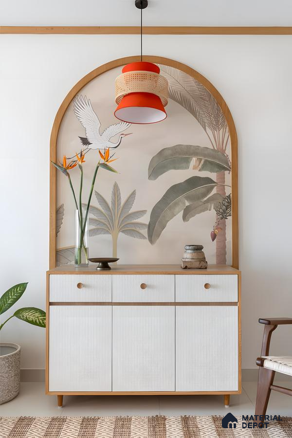 Bohemian Entryway With Arched Tropical Mural, Rattan Pendant Light, And Textured White Cabinet | Material Depot