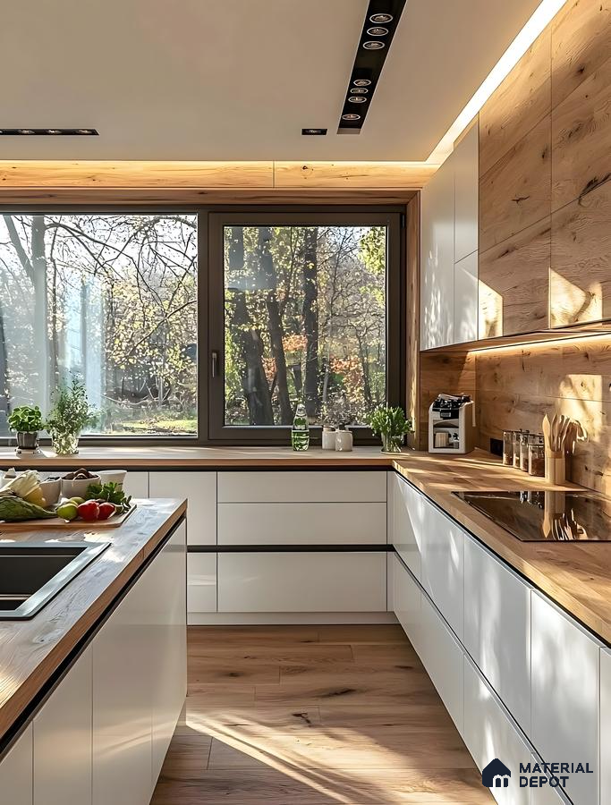 Bohemian Minimalist Kitchen In White Laminate With Natural Oak Accents And Biophilic Warmth | Material Depot