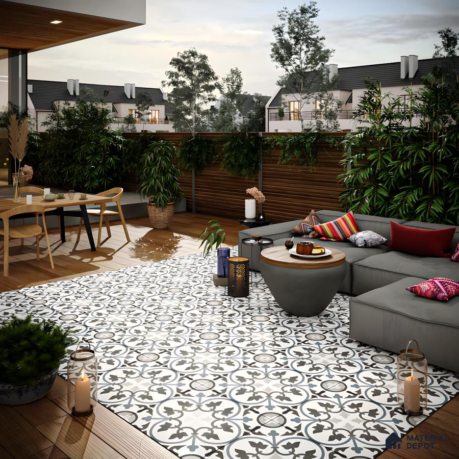 Bohemian Outdoor Living Space with Patterned Tiles | Material Depot
