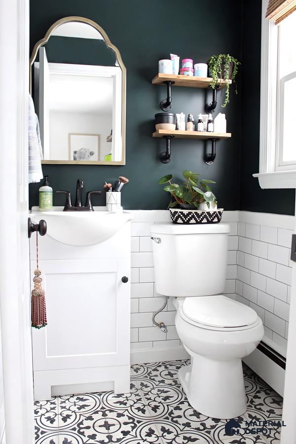 Bohemian Powder Room with Green Accent Wall | Material Depot