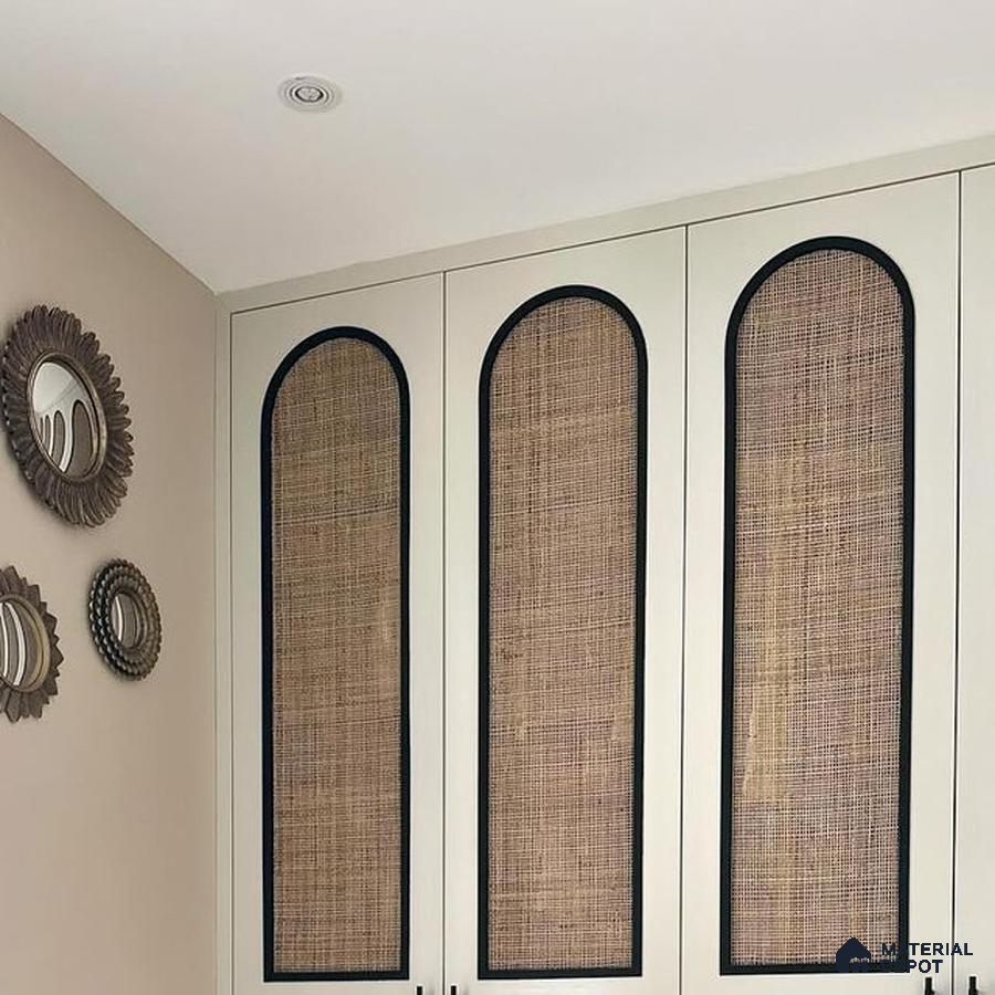 Bohemian wardrobe with cane webbing panels and ivory laminate shutters | Material Depot