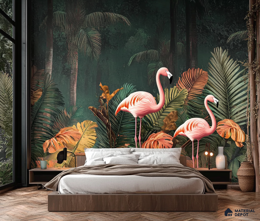 Bold Flamingo Tropical Mural in Modern Bedroom | Material Depot