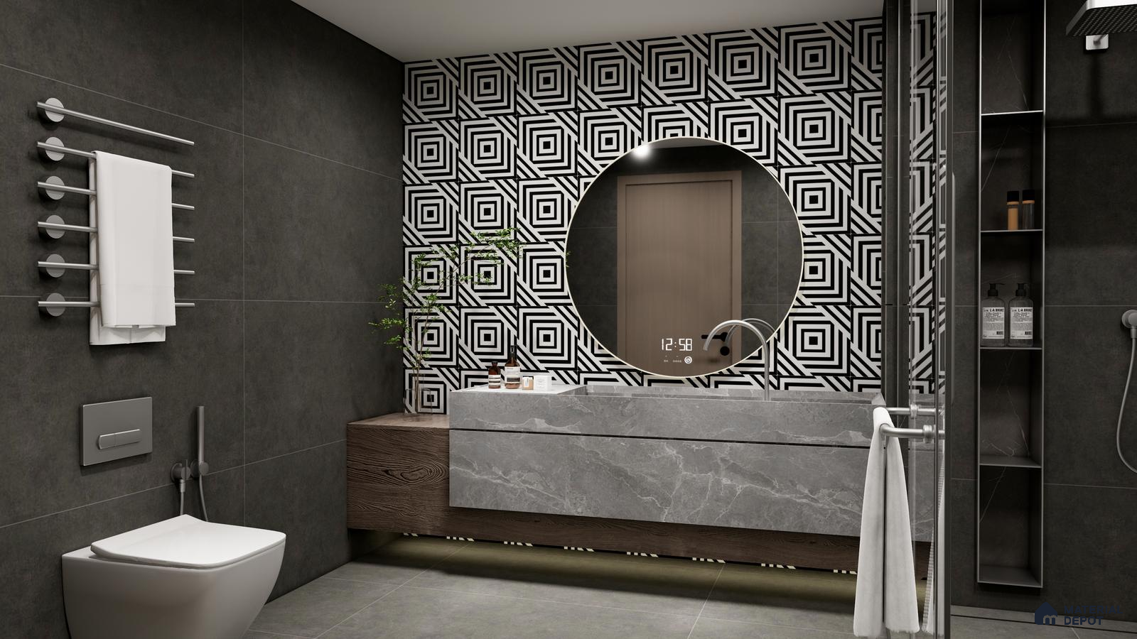 Bold Geometric Bathroom Design with Black and White Tiles | Material Depot