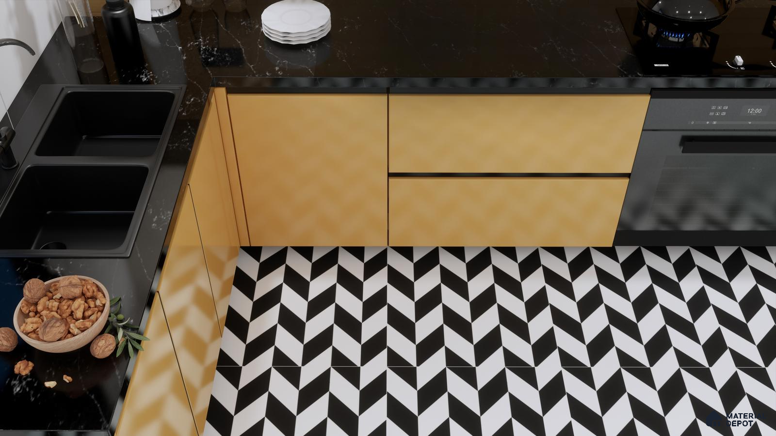 Bold Kitchen Design with Black and White Chevron Patterned Tiles | Material Depot
