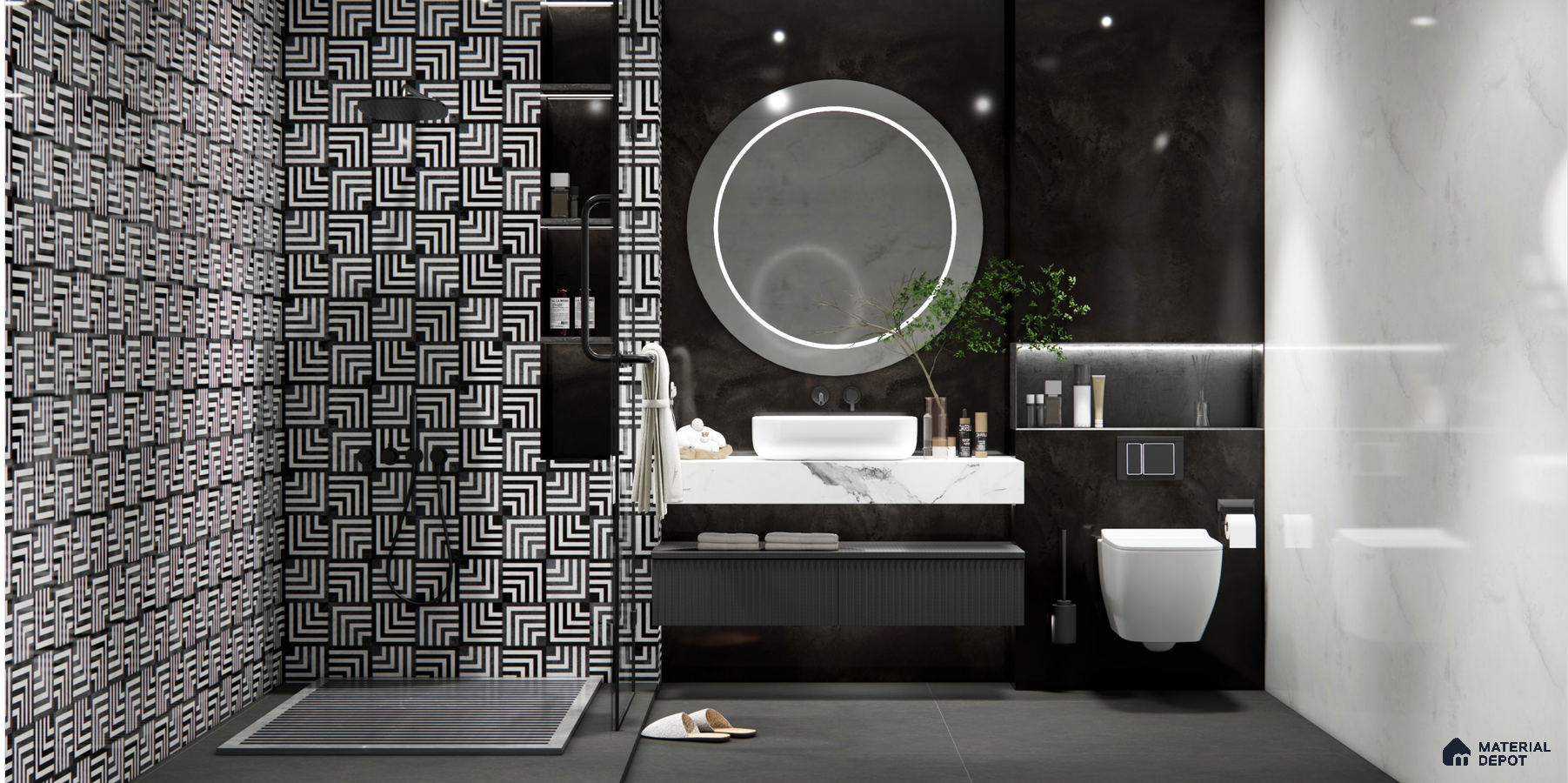 Bold Monochrome Bathroom with Geometric Tiles and Sleek Black Accents | Material Depot