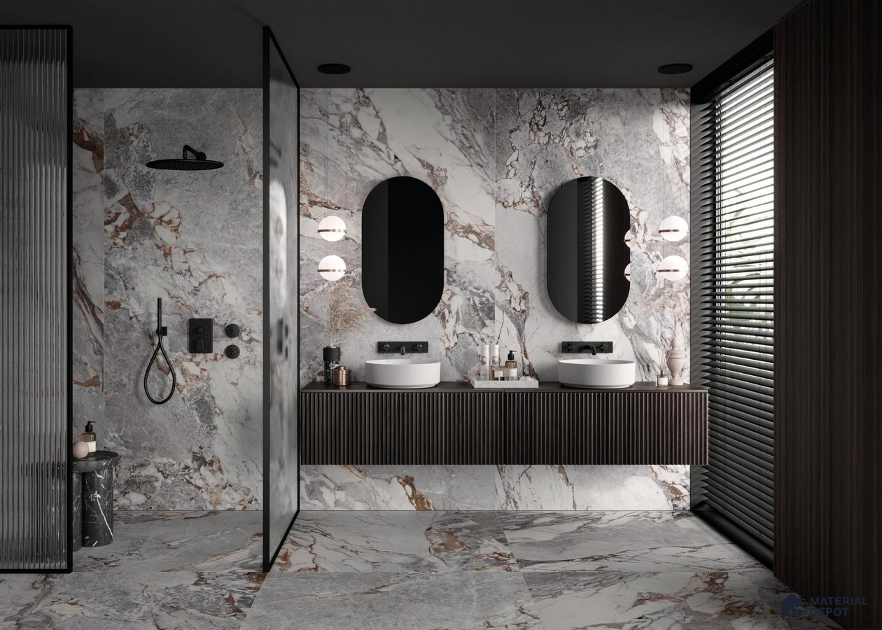 Bathroom with marble tiles and black patterned laminate