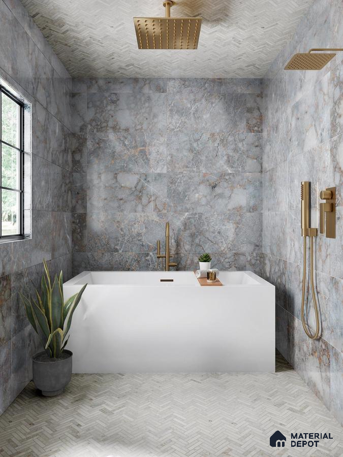 Bathroom with granite-style wall and patterned floor