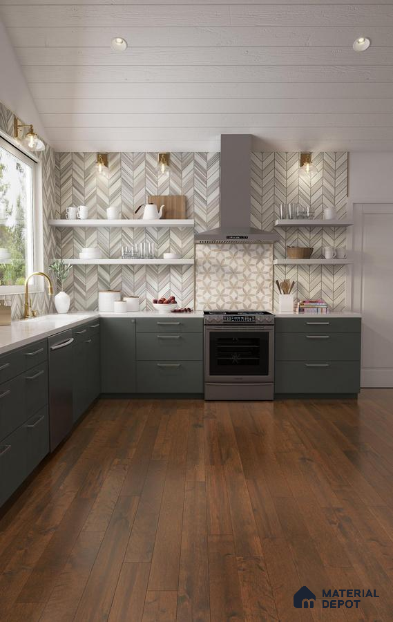 White designed tiles with grey cabinets and wooden flooring