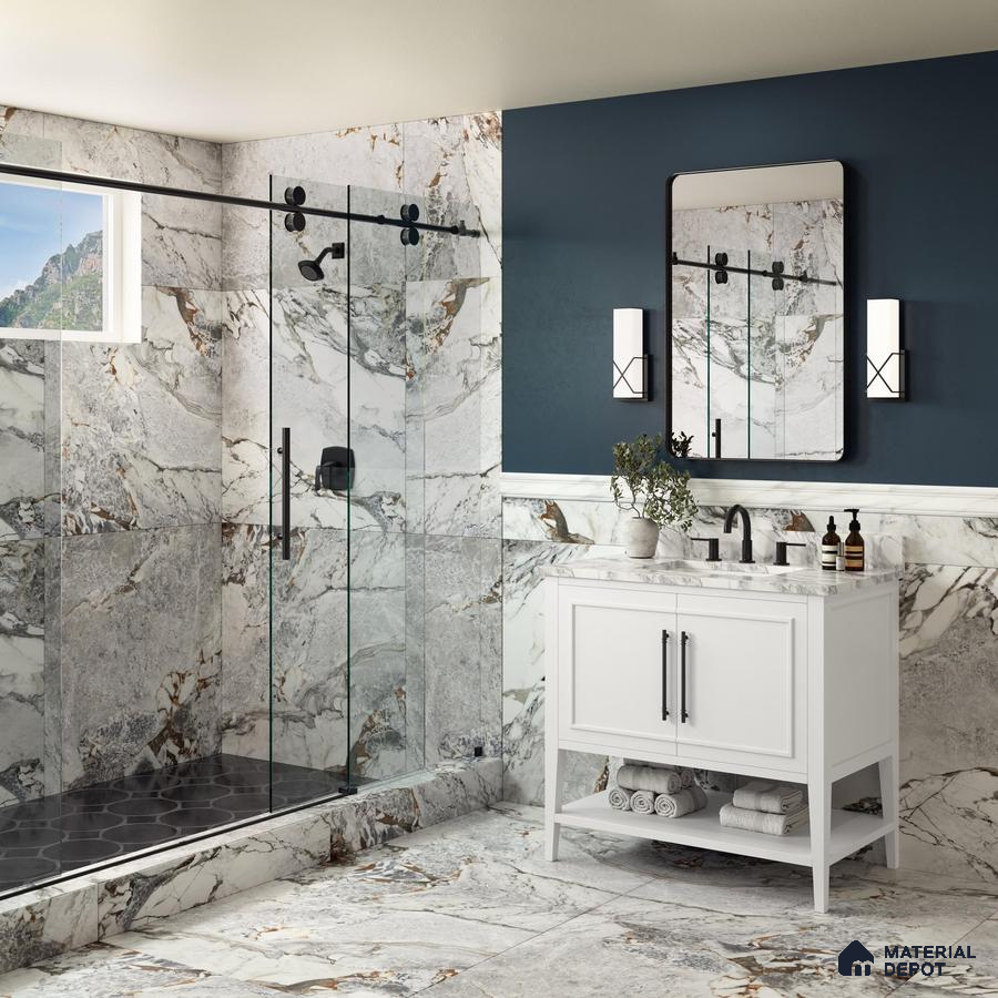 Bathroom with marble tiles and white cabinet