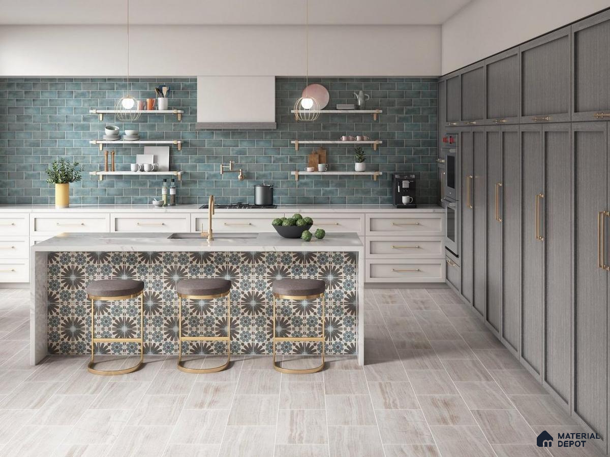White floor tile and green design wall tiles with faucet area