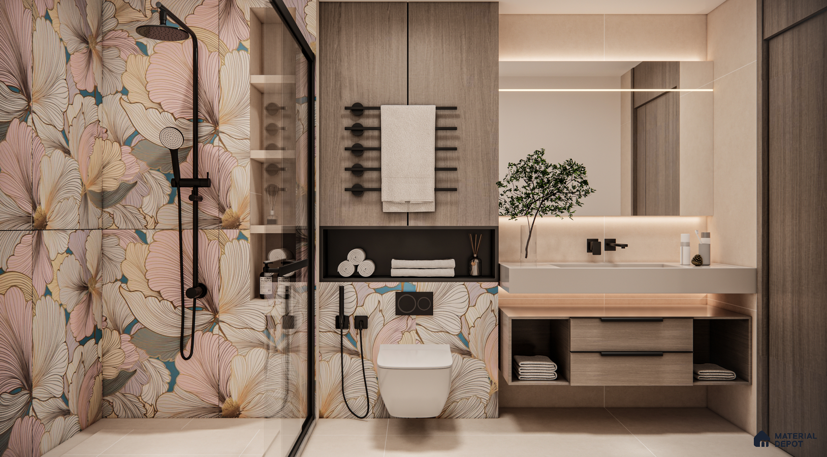 Botanical Bloom Highlighter Tiles in a Cozy Modern Bathroom | Material Depot