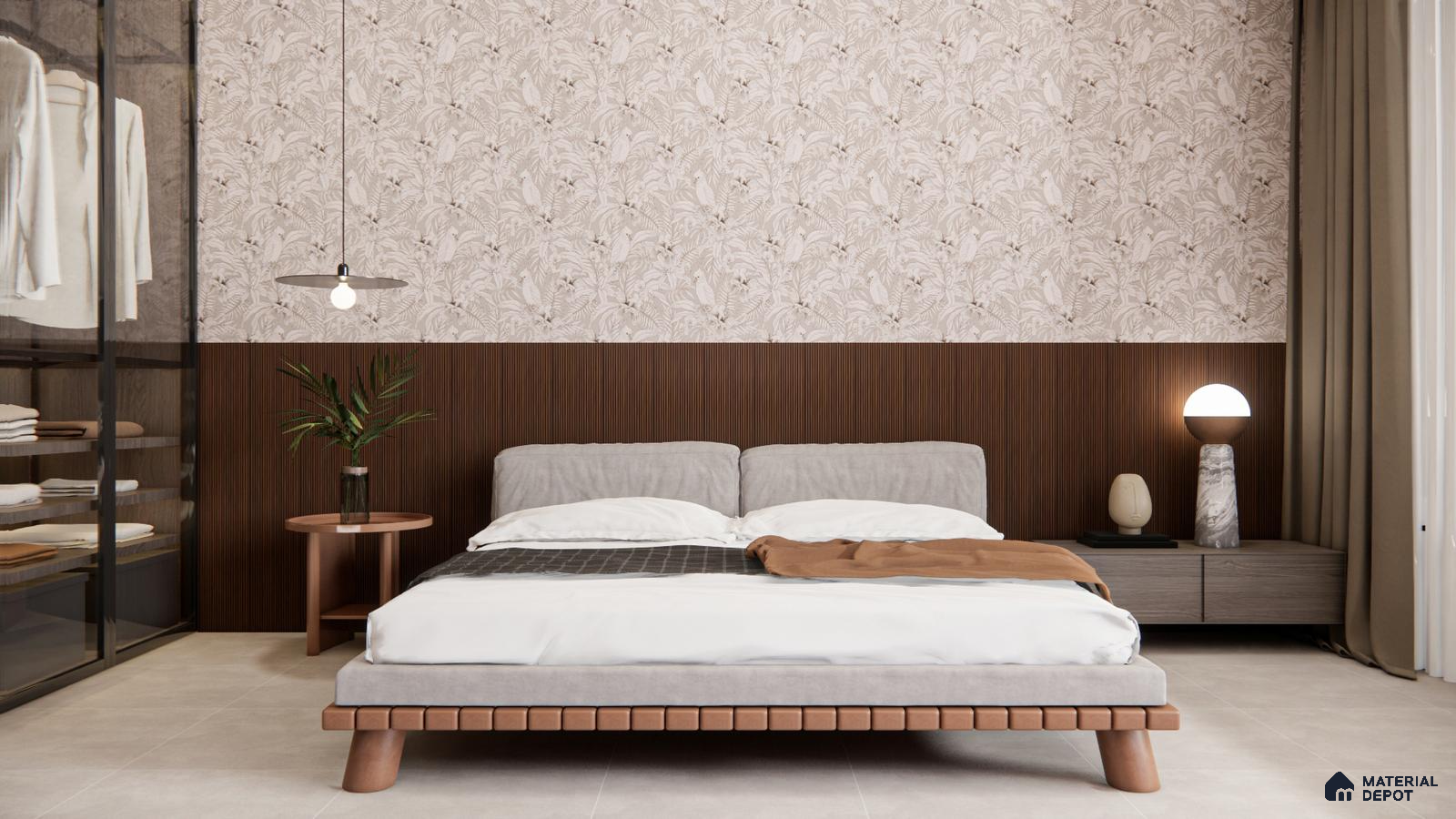 Botanical-Inspired Bedroom with Fluted Panel and Tropical Wallpaper | Material Depot