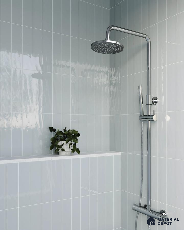 Bright and Airy Bathroom Design with Blue High Glossy Tile Godrej Ananda Bagalur Aerospace Park | Material Depot