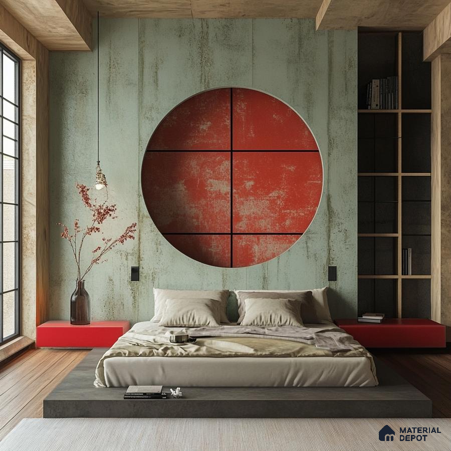 Bright and Airy Bedroom Design with Indoor Plants and Red and Green Wallpaper Purva Tivoli Hills Devanahalli | Material Depot