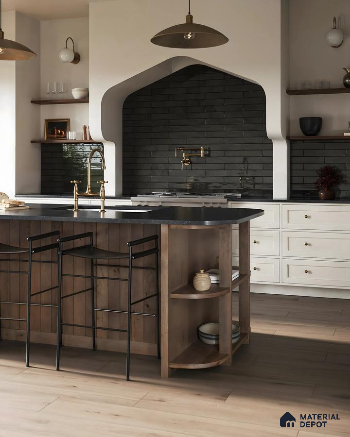 Bright and Airy Kitchen Design Design with Unique Island and Integrated Appliances Brigade Komarla Heights Padmanabhanagar | Material Depot