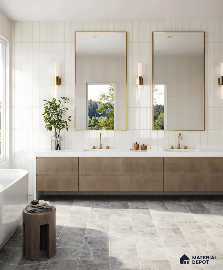 Bright and Cheerful Bathroom Design with Wooden Cabinets and Grey Texture Floor Sobha Windsor Whitefield | Material Depot