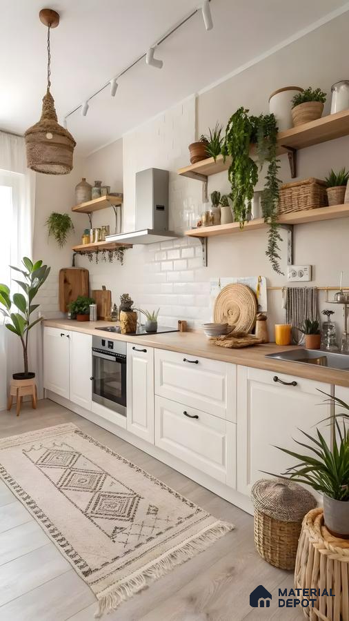 Bright Bohemian Farmhouse Kitchen: White Shaker Cabinets With Butcher Block Countertops & Gold Accents | Material Depot