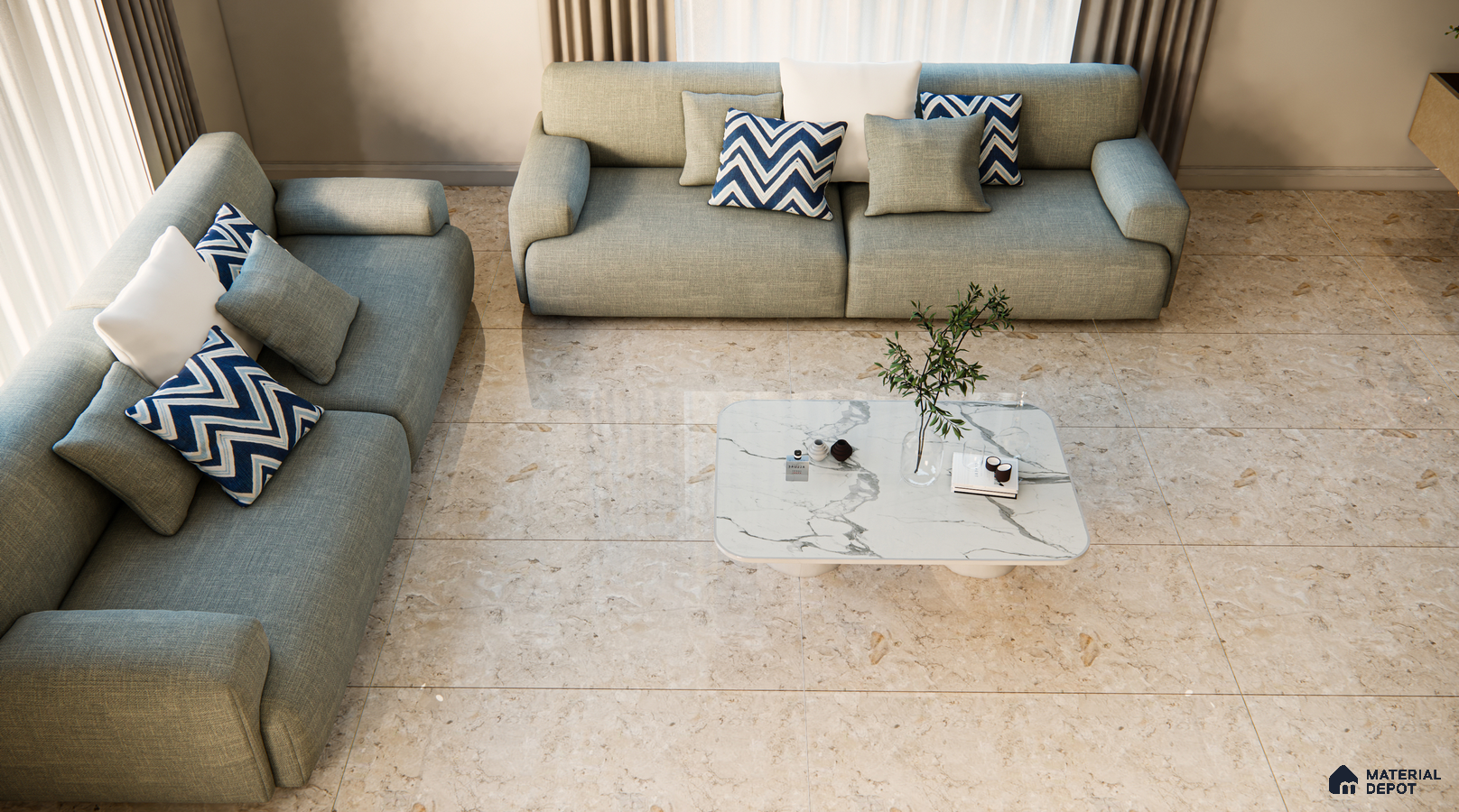 Bright Living Room with Beige Marble Flooring and Soft Blue Sofas | Material Depot