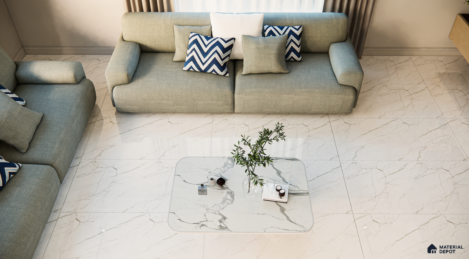 Bright Living Room with Marble Flooring and Blue-Grey Sofas | Material Depot