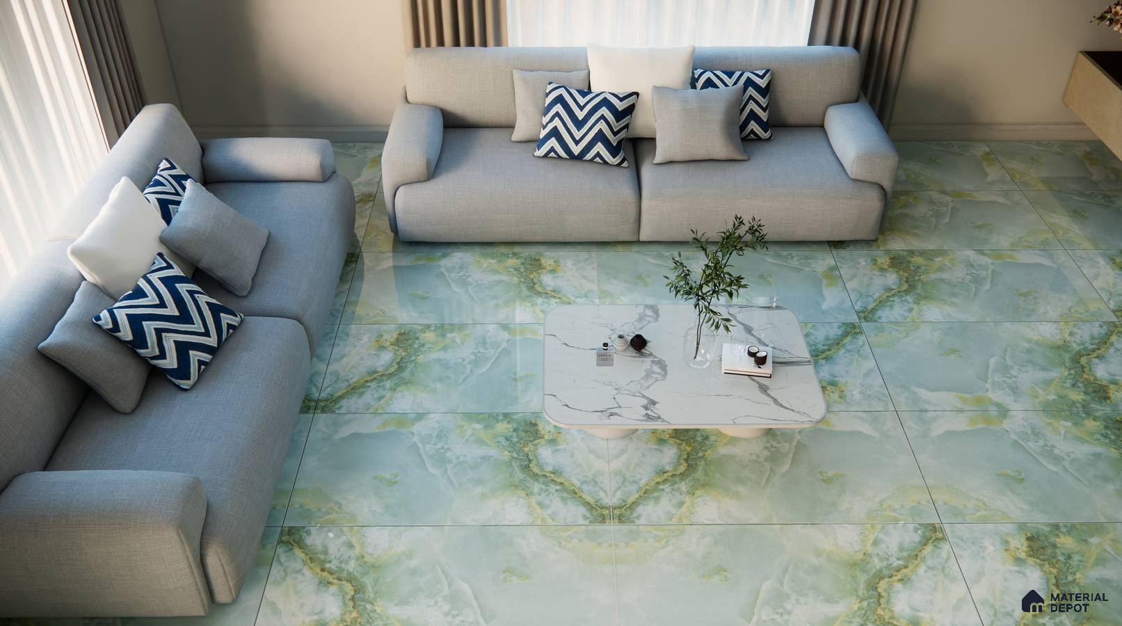 Bright Living Room with Ocean-Inspired Green Marble Flooring | Material Depot