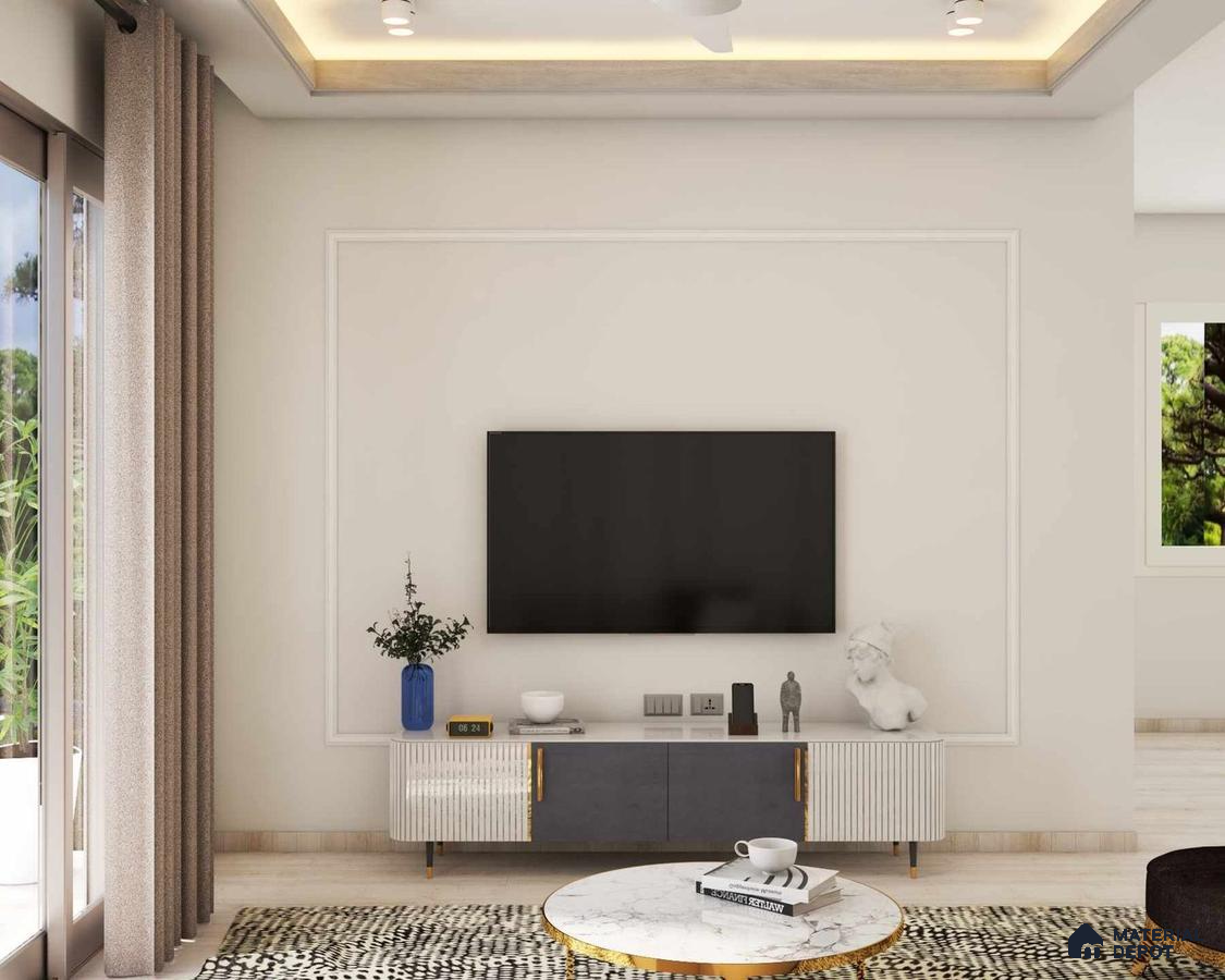 living room with a minimalist style, a white sofa, a coffee table, a TV, a window, and some green plants.