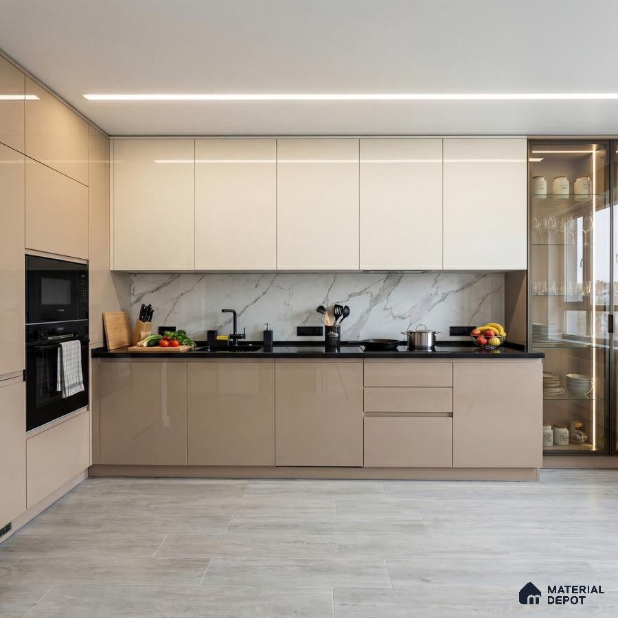 Modern kitchen with beige and frosty white high gloss laminate, marble-look backsplash, and light wood floor tile