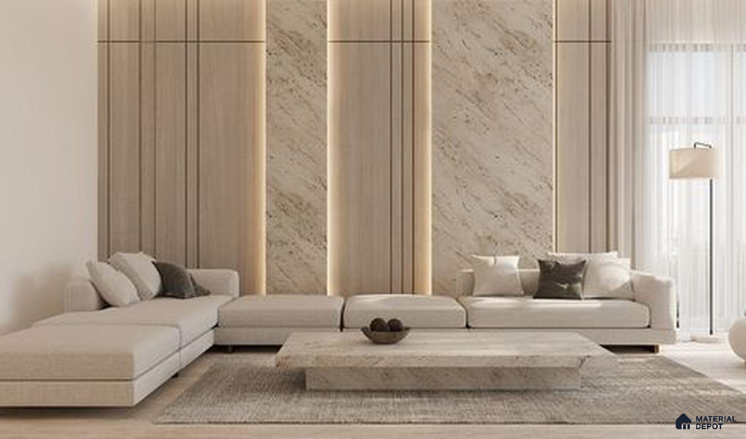 A chic modern living room with a monochromatic color scheme and metal accents.