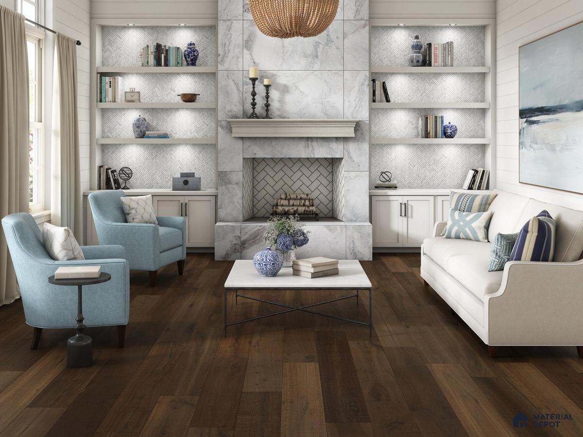 Living room with marble tiles and wenge wooden laminate floor