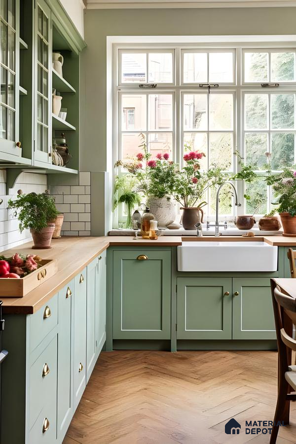 Charming Kitchen Design Featuring Soft Green Cabinets, Classic Farmhouse Sink, and Abundant Natural Light | Material Depot
