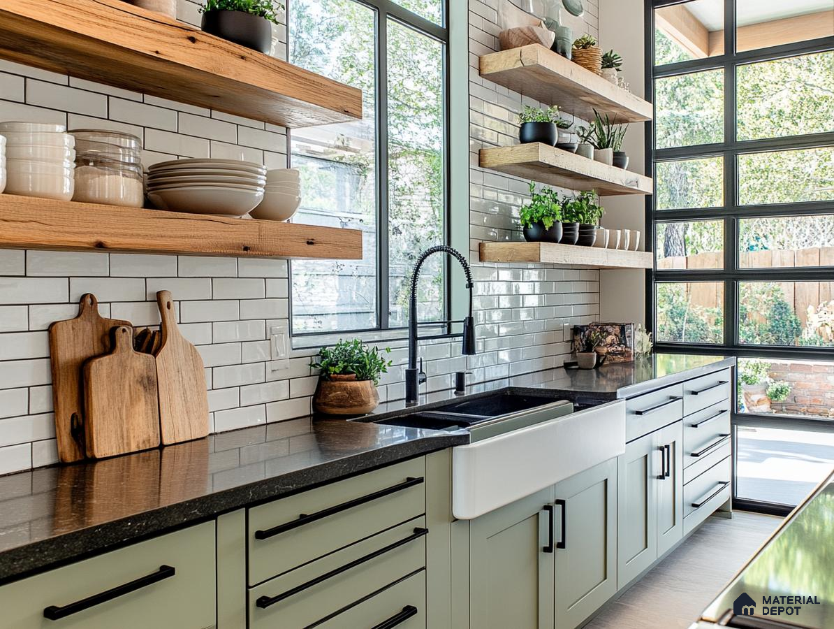 Charming Kitchen with Open Shelving and Natural Light | Material Depot
