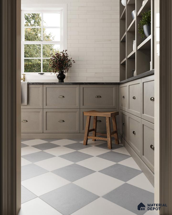 Charming Traditional Kitchen with Checkerboard Tile Floor and White Brick Backsplash | Material Depot