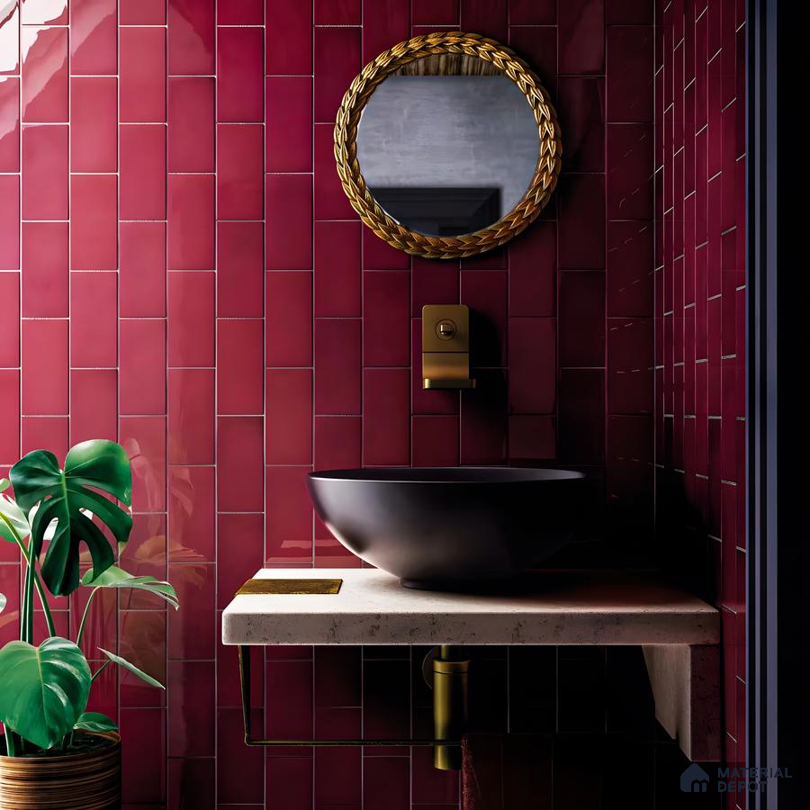 Chic and Modern Bathroom with Rich Burgundy Tiles and Elegant Fixtures | Material Depot