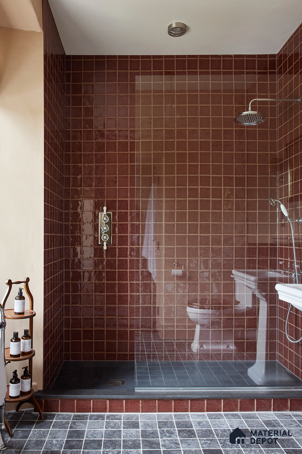 Chic and Modern Shower Space with Rich Burgundy Tiles and Minimalist Design | Material Depot
