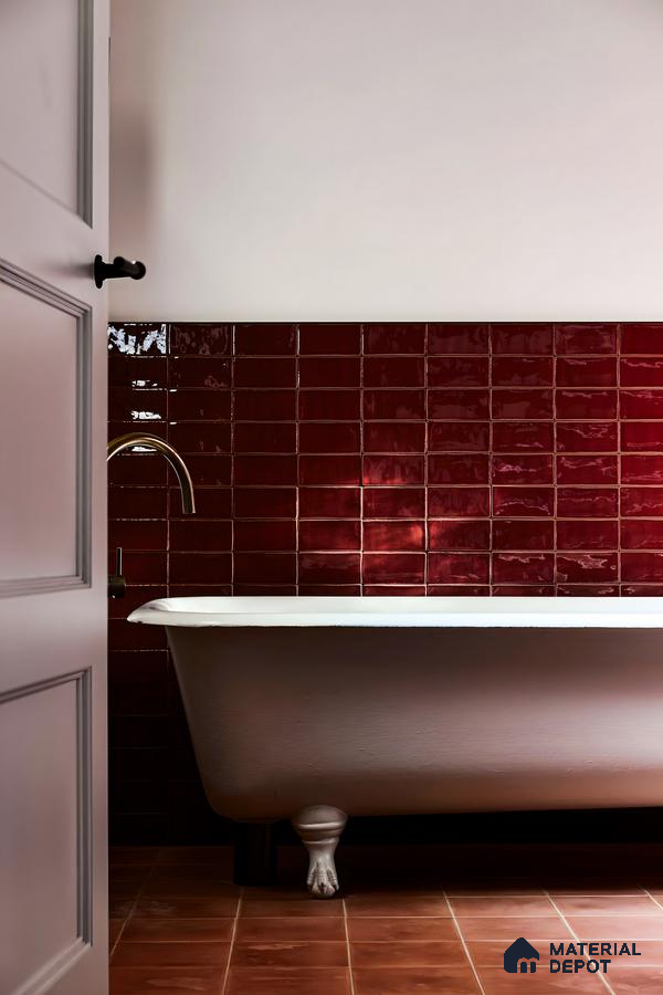 Chic Bathroom with Classic Bathtub and Burgundy Tiles | Material Depot