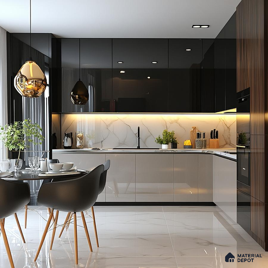 Chic Black Kitchen with Sleek Marble Accents and Integrated Dining Nook | Material Depot