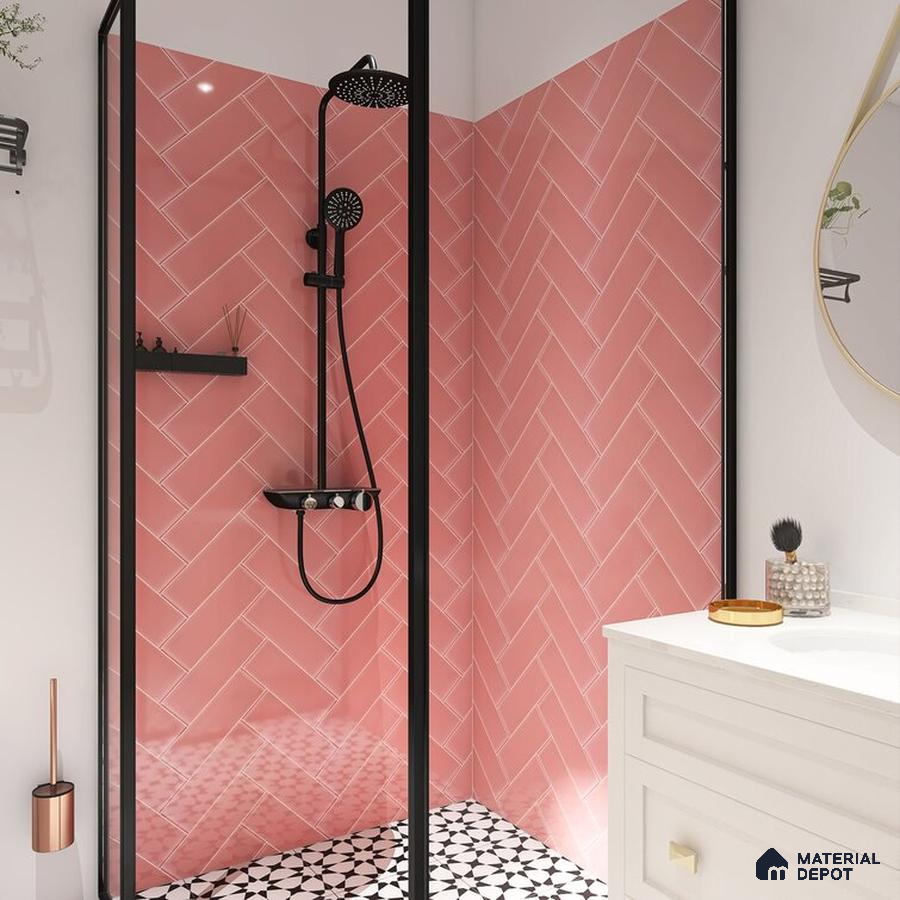 Chic Harmony Pink Tiles and Floral Accents in Modern Bathroom | Material Depot