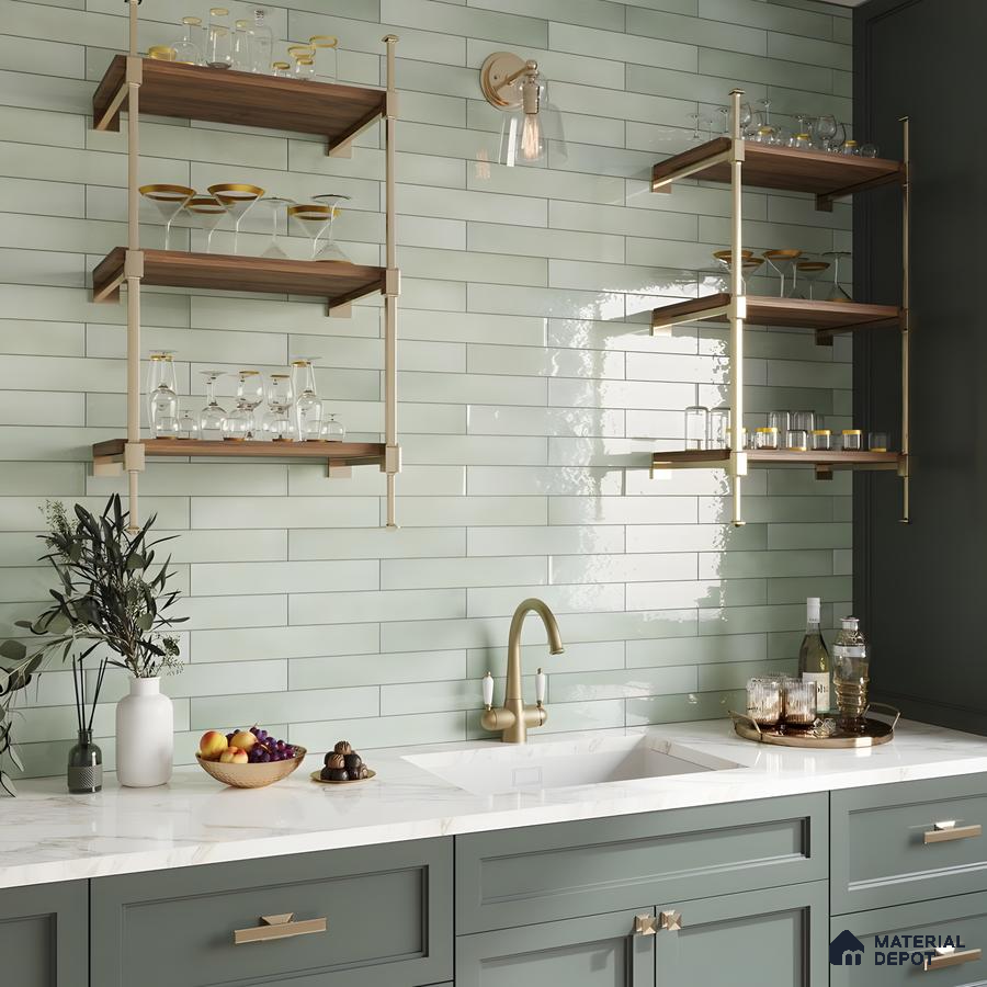 Chic Kitchen Bar Area With Glossy Sage Green Subway Tiles, Brass Fixtures, And Marble Countertops | Material Depot