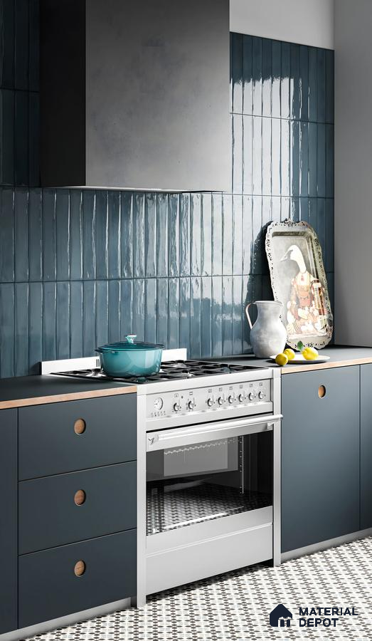 Chic Kitchen Design with Glossy Blue Tile Backsplash and Matte Cabinetry | Material Depot
