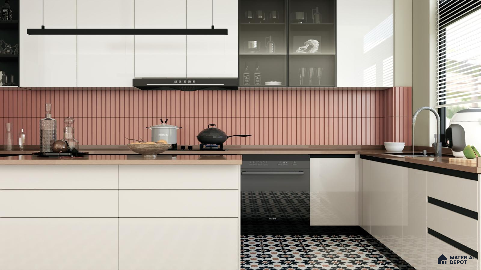 Chic Kitchen with Peach Backsplash and Patterned Flooring | Material Depot