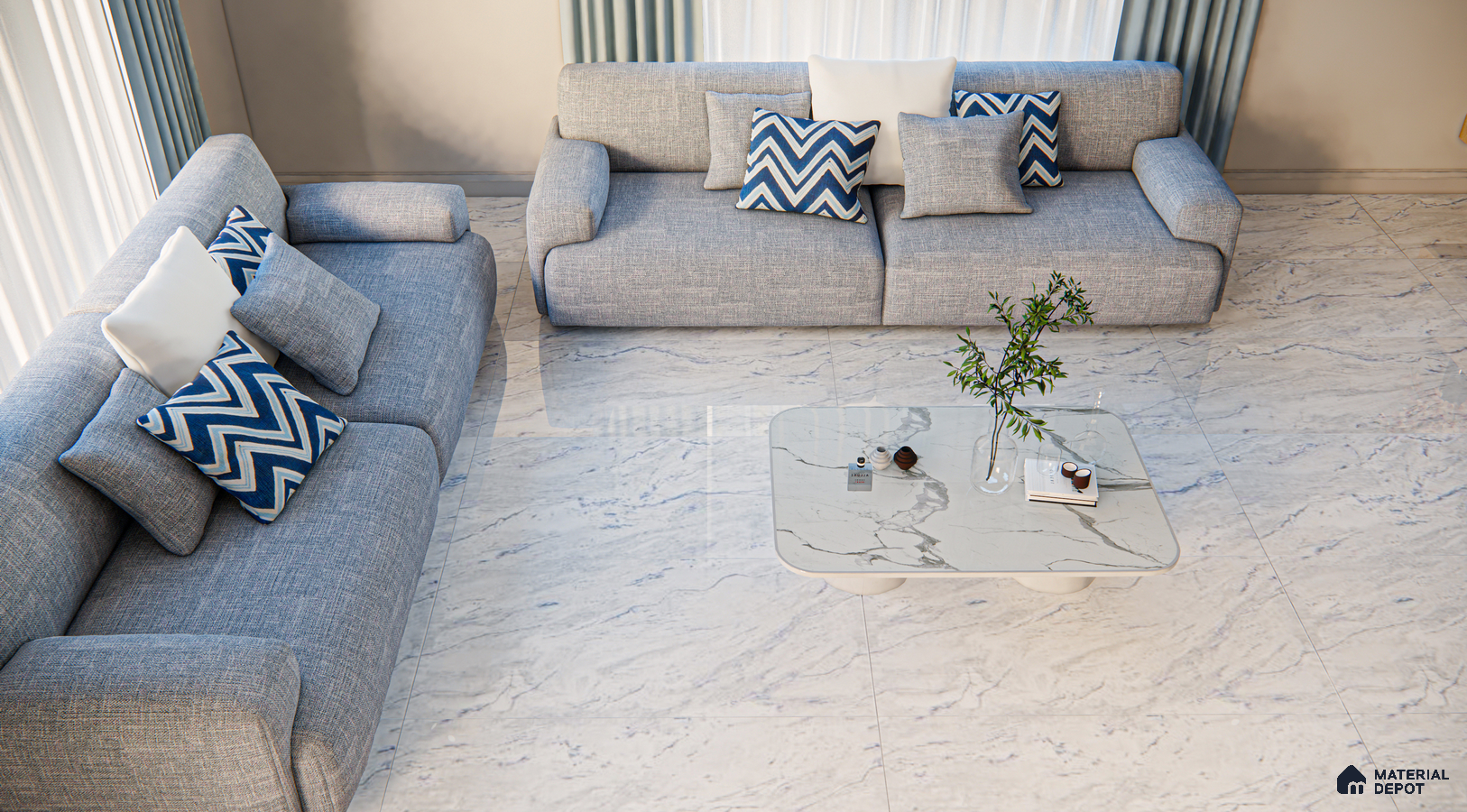 Chic Living Room with Blue Accents and Marble Finishes | Material Depot