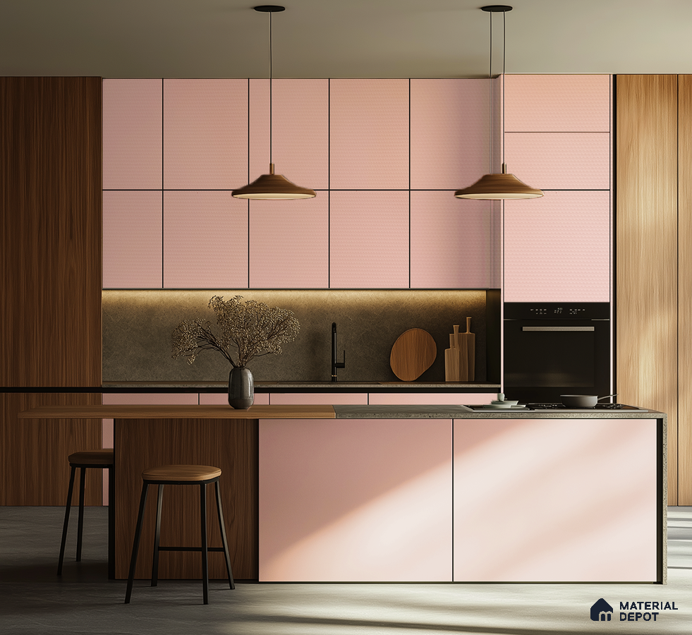 Chic Pink and Wood Laminate Kitchen with Modern Minimalist Aesthetics | Material Depot