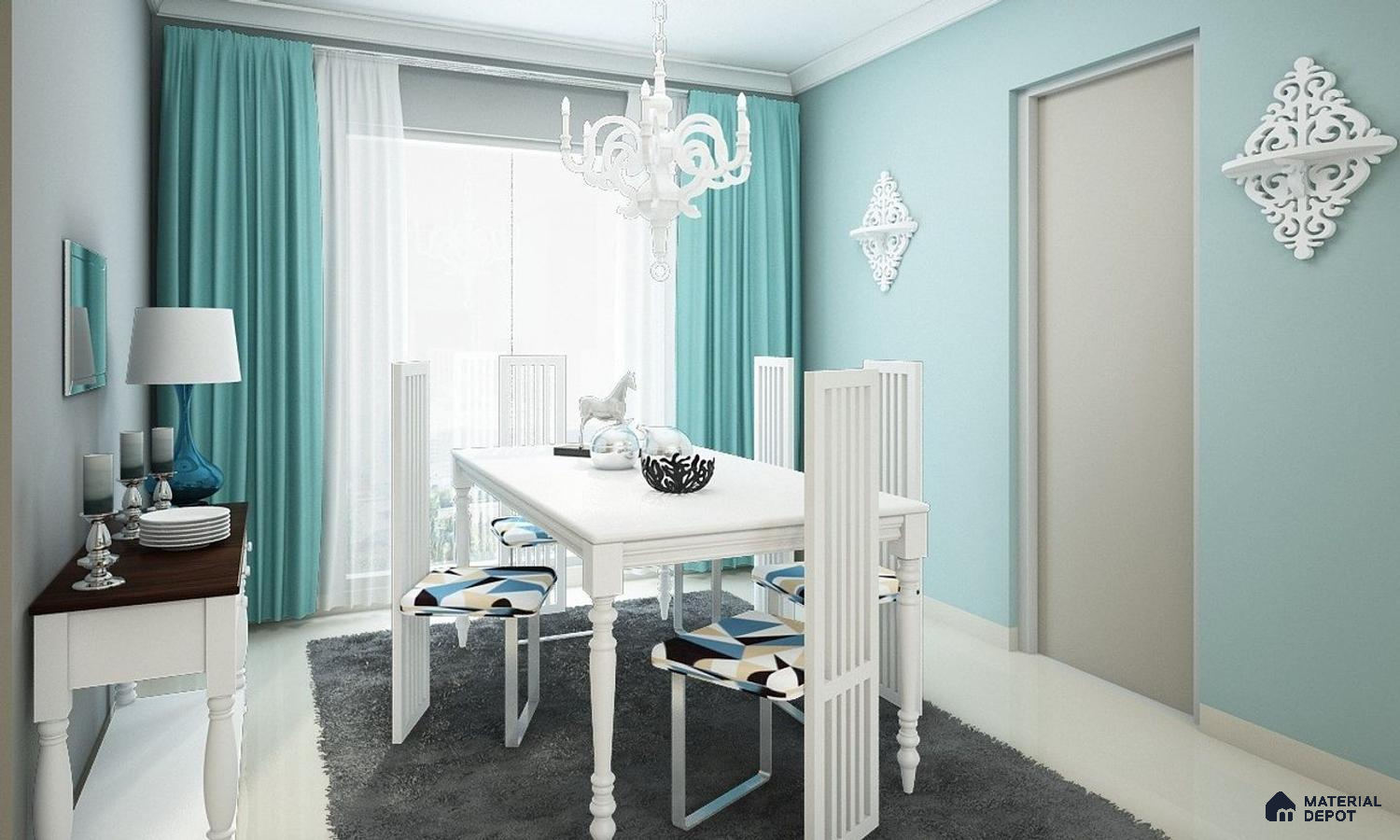 A dining room with a white table and chairs, blue cushions and rug, light blue walls, and a white chandelier, door, and mirror