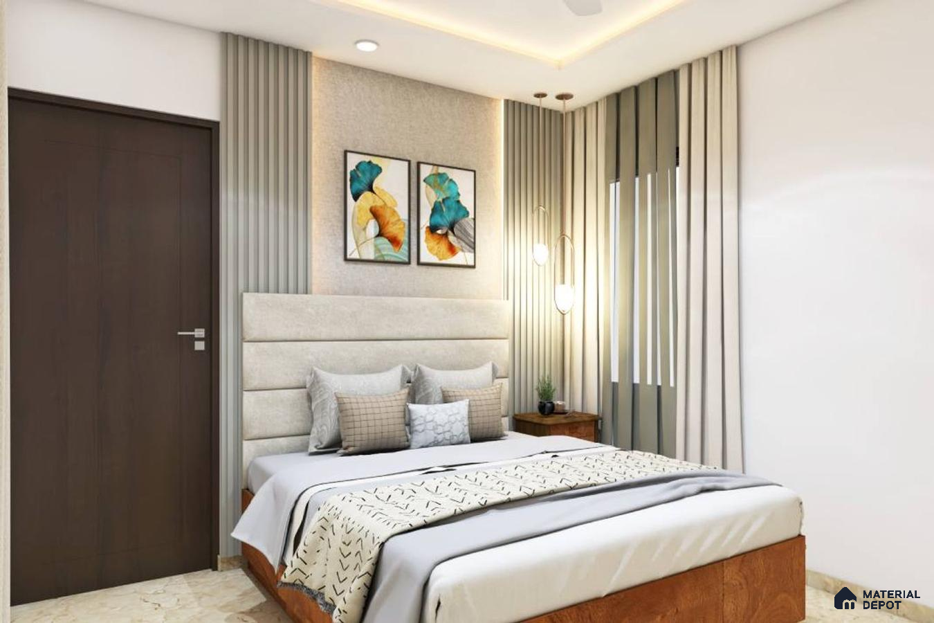 Master bedroom with fabric headboard, geometrical art on the wall, a cozy bed, and ambient lighting, exuding chic serenity.