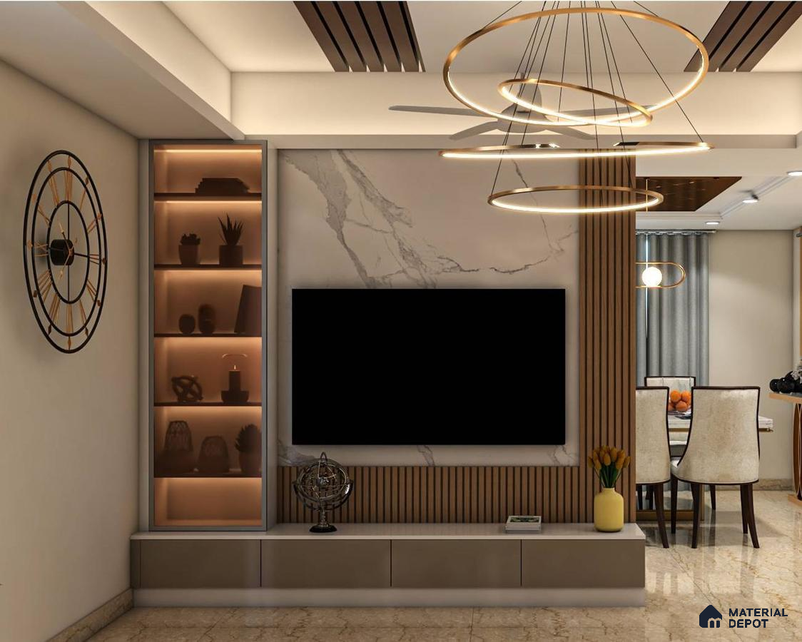 Contemporary beige TV unit with console table.