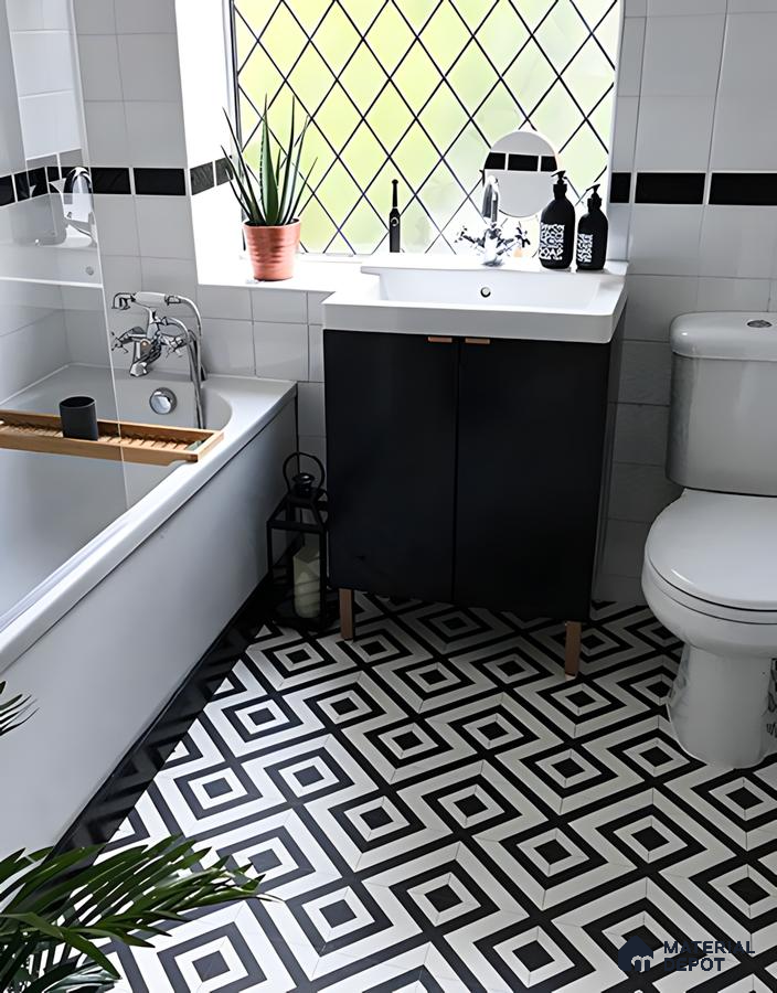 Classic Bathroom with Black and White Geometric Tiles | Material Depot