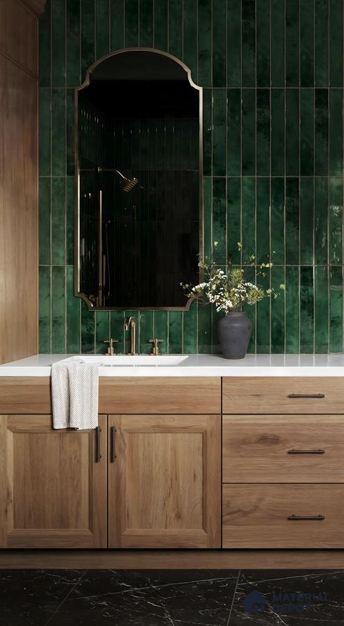Classic Bathroom Design with Textured Rectangular Green Tile Backsplash and Warm Wood Accent SNN Raj Viviente Bannerghatta Road | Material Depot